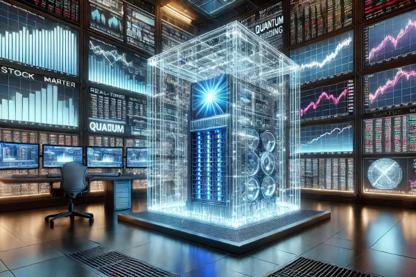 A futuristic stock trading data center with a quantum computer