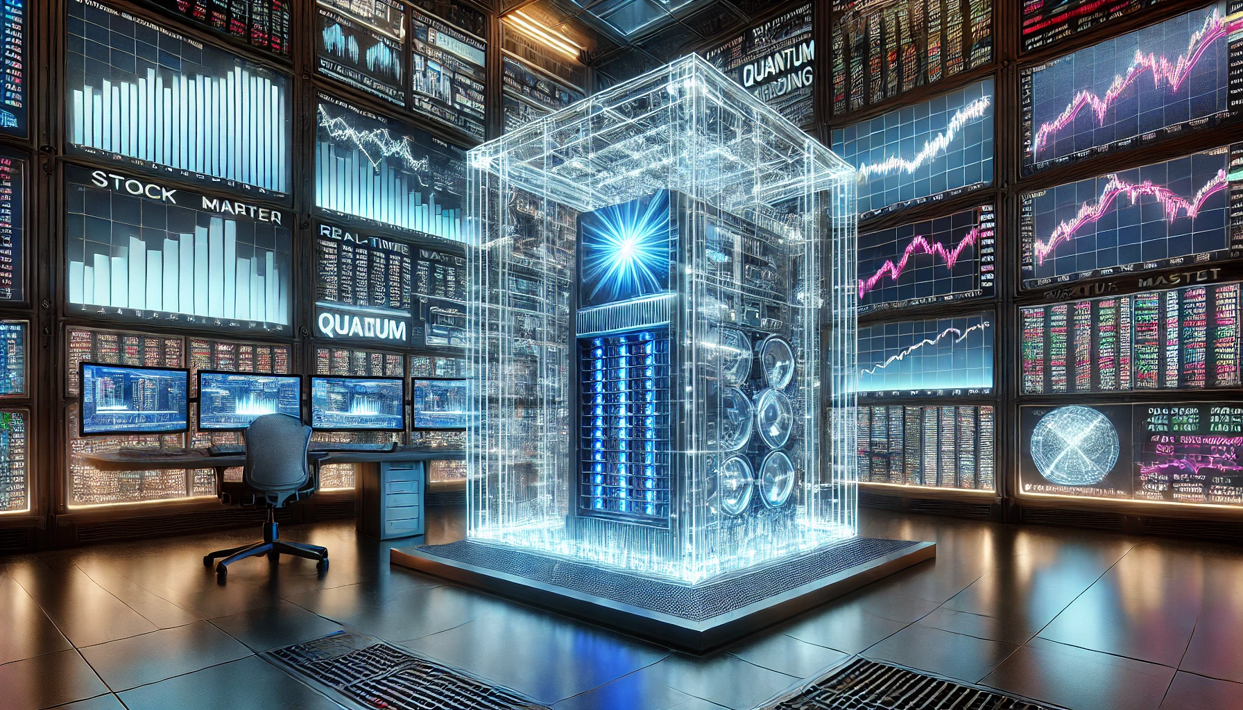 A futuristic stock trading data center with a quantum computer