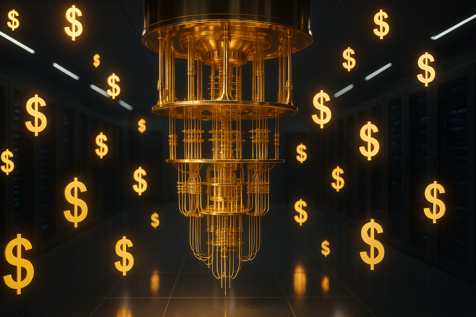 Quantum cryostat with dollar signs in air. Generated by ChatGPT.