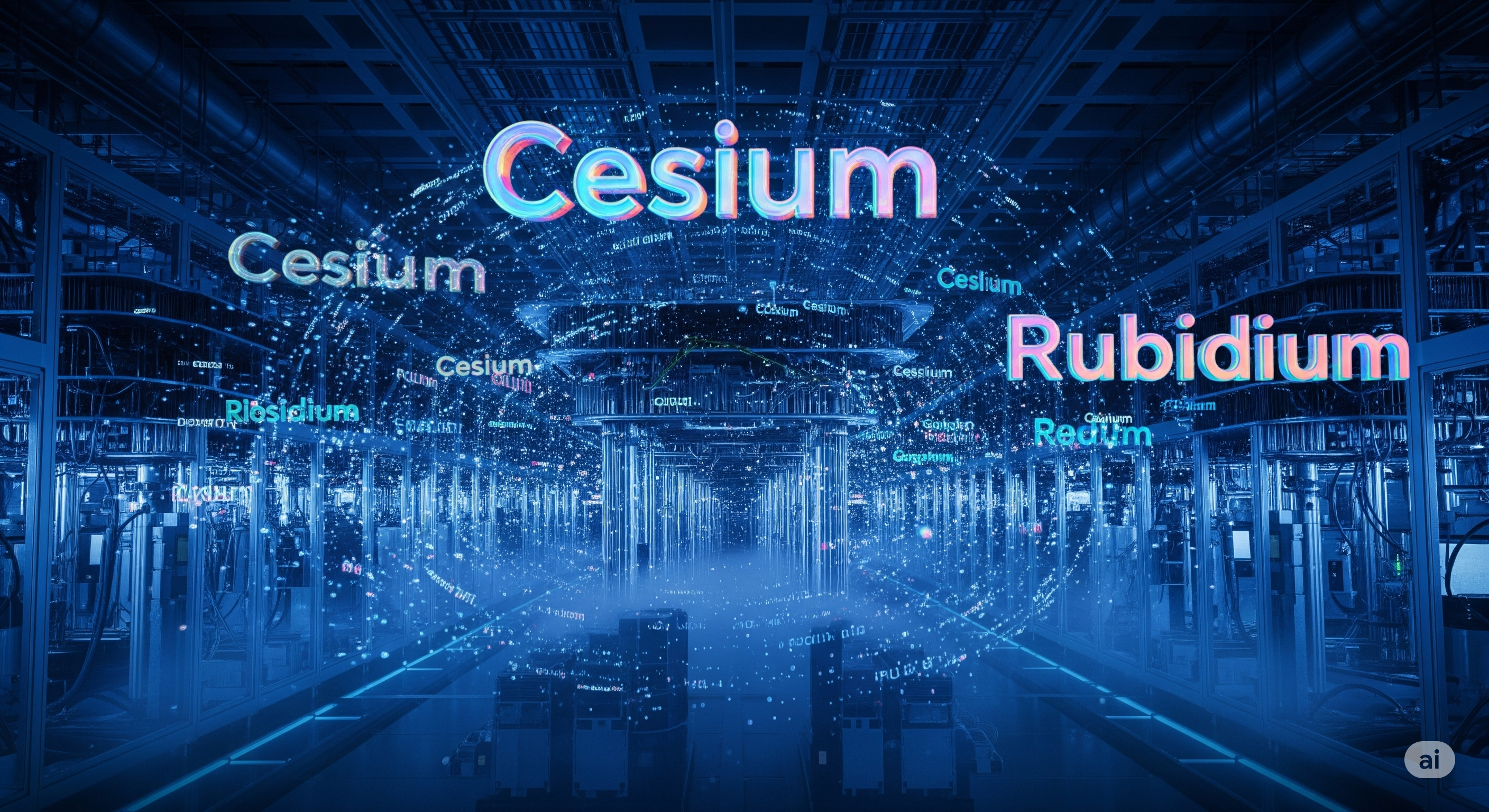 Google Gemini image of a futuristic quantum datacenter with the words Cesium and Rubidium floating in the air