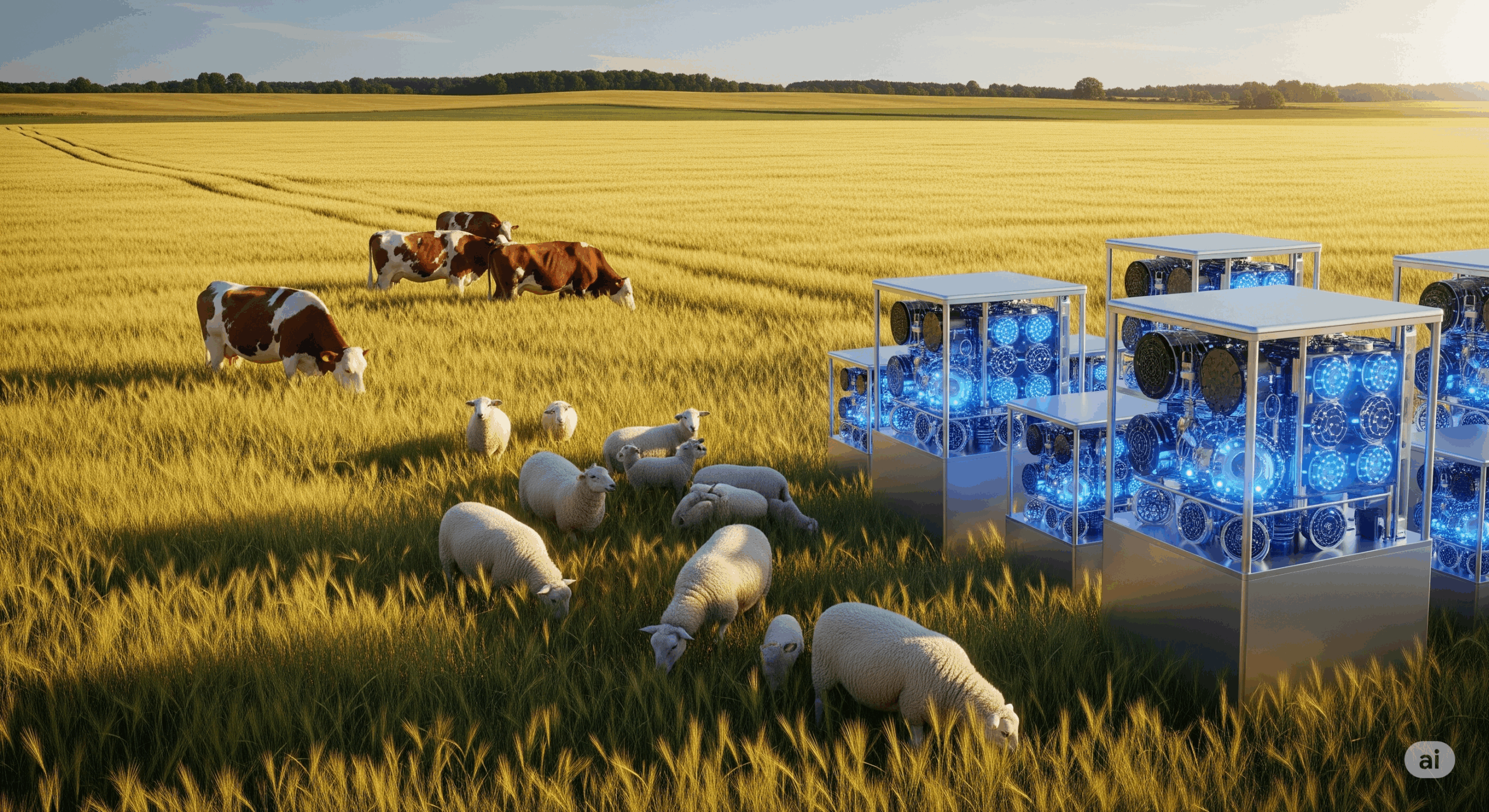 quantum computers in a field with cows and sheep