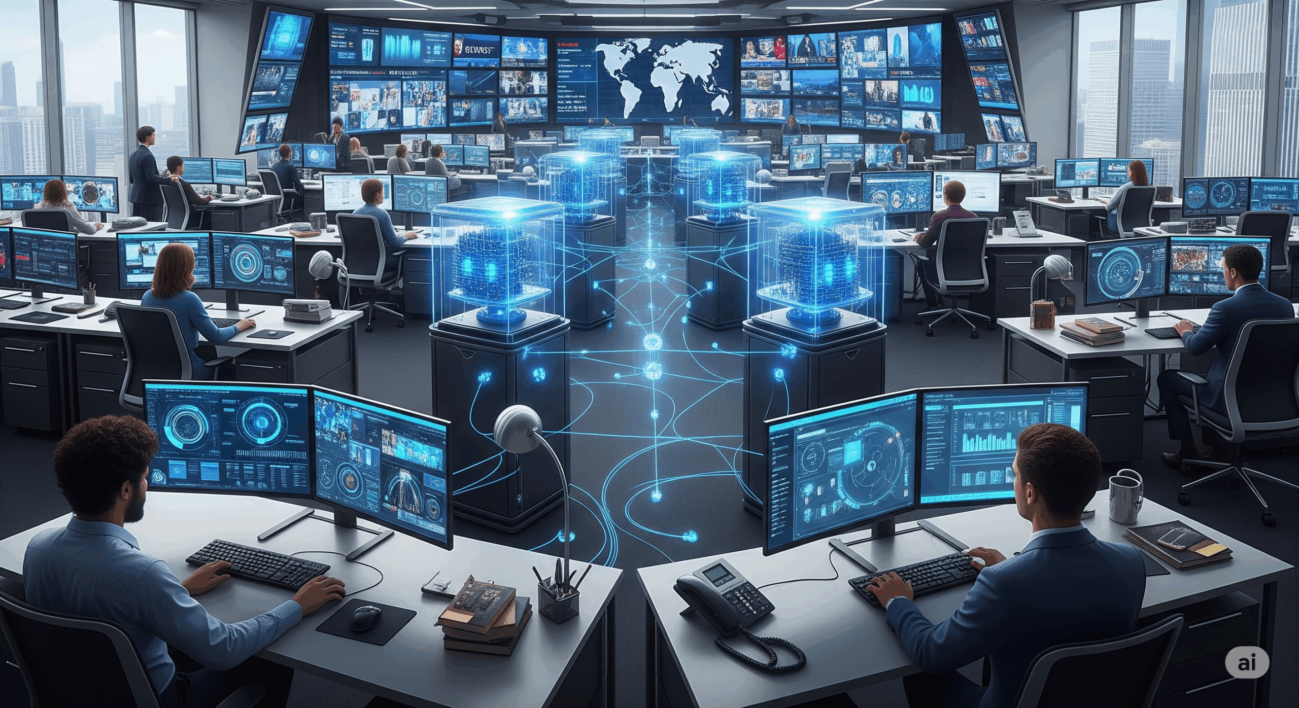 A newsroom with people and quantum computers