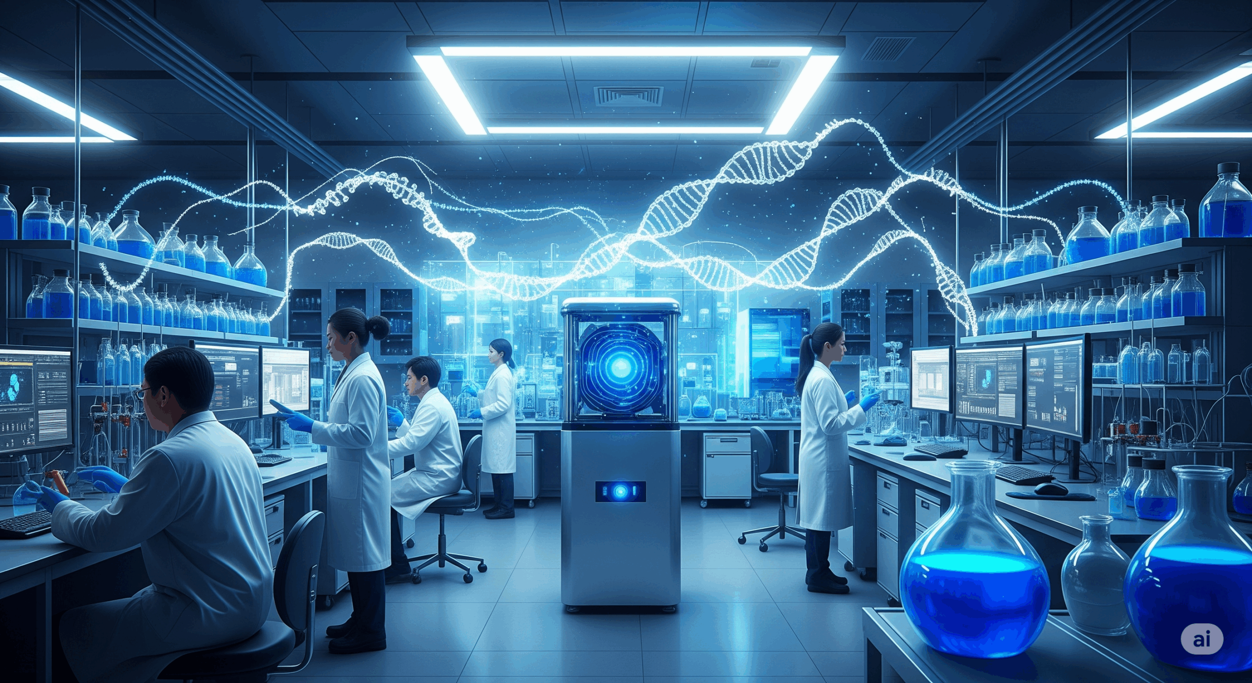 Fictional biotech lab with a quantum computer