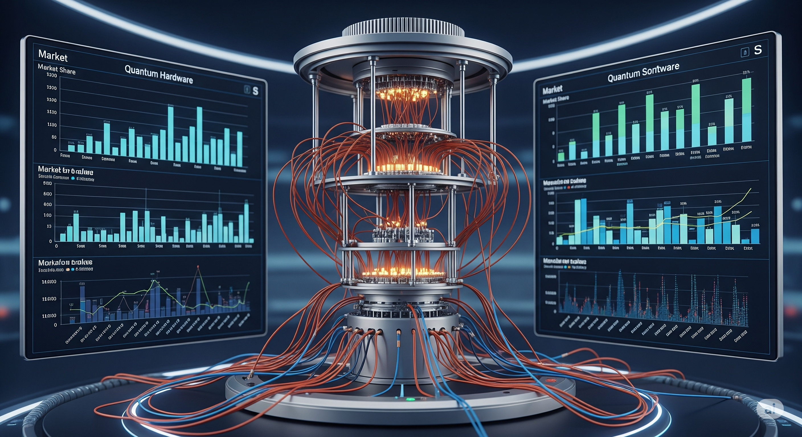 quantum computer surrounded by graphs
